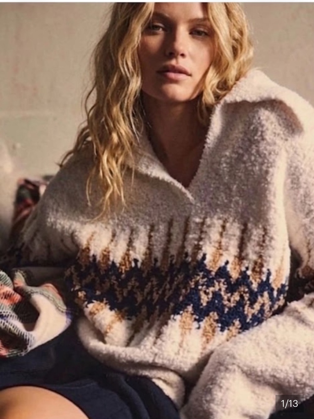 J CREW Sweater Fair Isle Johnny-Collar Boucle Yarn Wool Alpaca Cream Tan, Medium